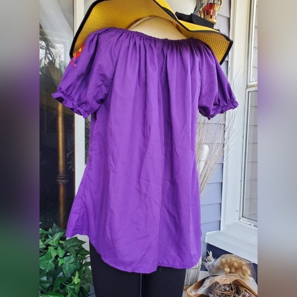 VTG 80's Hecho In Mexico Purple Floral Embroidered Pleated Puff Shoulder Blouse - Picture 3 of 5